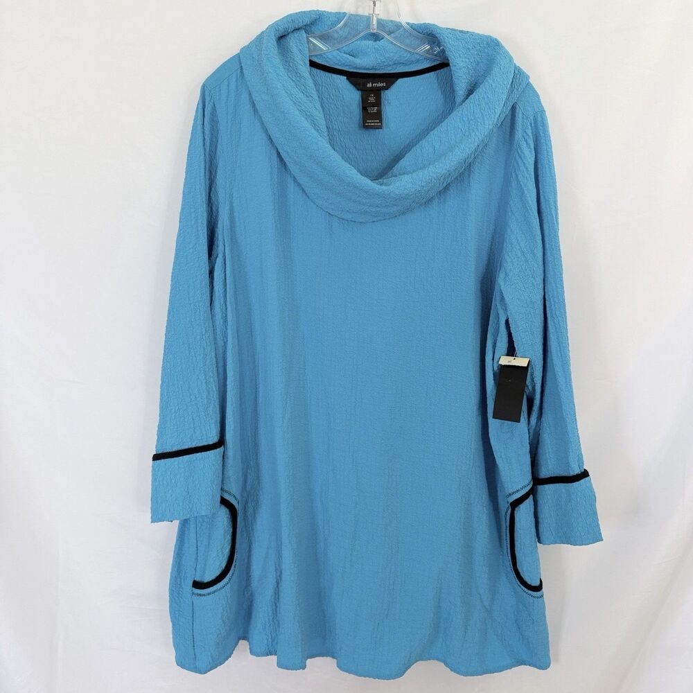 NEW Ali Miles Tunic Top 1X Plus Art to Wear Blue Crinkle Cowl Neck Pockets